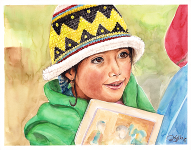 Watercolor portrait painting of a smiling child wearing a colorful knit hat with yellow, black, blue, and red patterns, a green jacket, and holding a small framed picture. The background is softly blended in green, beige, and warm tones.