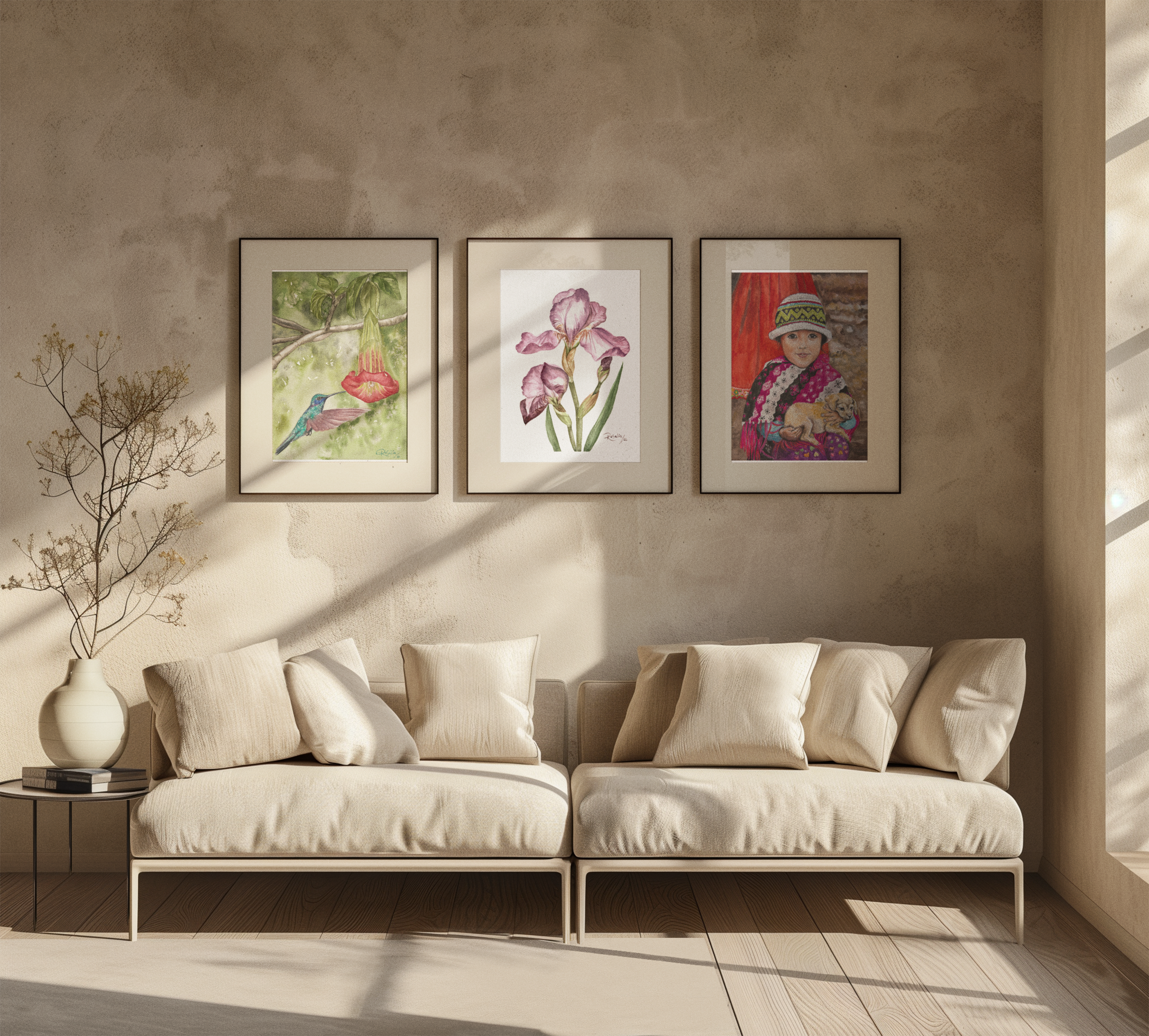 Fine art prints displayed in a home.