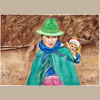 A watercolor painting of a woman wearing a green hat, blue scarf, and green wrap, carrying a child on her back, set against a brown textured background.