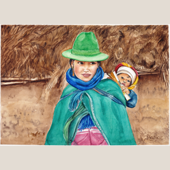 A watercolor painting of a woman wearing a green hat, blue scarf, and green wrap, carrying a child on her back, set against a brown textured background.