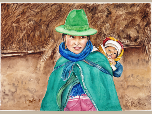 A watercolor painting of a woman wearing a green hat, blue scarf, and green wrap, carrying a child on her back, set against a brown textured background.