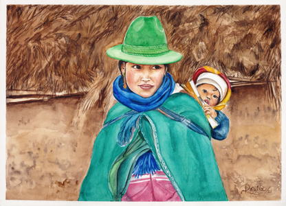 A watercolor-style painting of a woman wearing a bright green hat, blue scarf, and green wrap, carrying a child on her back against a brown textured background. 