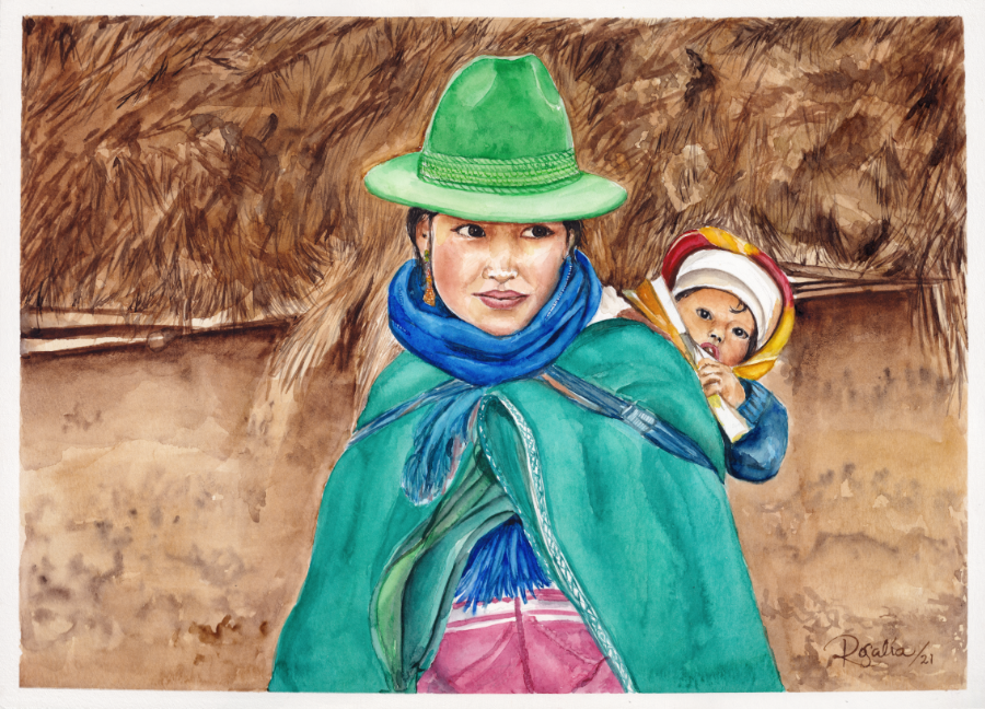 A watercolor-style painting of a woman wearing a bright green hat, blue scarf, and green wrap, carrying a child on her back against a brown textured background. 