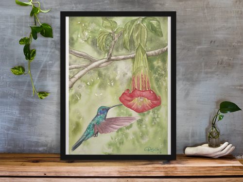 Example of the Hummingbird and Floripondio print displayed in a home.