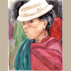 Watercolor portrait painting of an elderly woman in profile, wearing a white hat, red headwrap, turquoise shawl, and pink garment, with a dark painterly background.