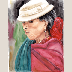 Watercolor portrait painting of an elderly woman in profile, wearing a white hat, red headwrap, turquoise shawl, and pink garment, with a dark painterly background.