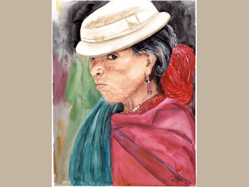 Watercolor portrait painting of an elderly woman in profile, wearing a white hat, red headwrap, turquoise shawl, and pink garment, with a dark painterly background.