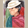 Watercolor portrait painting of an elderly woman in profile, wearing a cream-colored hat, a teal-blue shawl, a red shawl or head covering, and red earrings, set against a dark, painterly background.