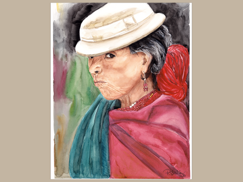 Watercolor portrait painting of an elderly woman in profile, wearing a cream-colored hat, a teal-blue shawl, a red shawl or head covering, and red earrings, set against a dark, painterly background.