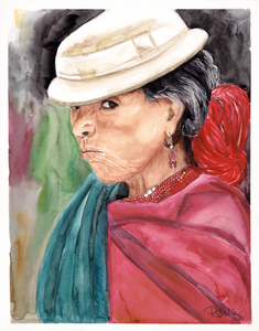 Watercolor portrait painting of a woman in profile wearing a white hat, a teal shawl, and a red headwrap, with a dark textured background.