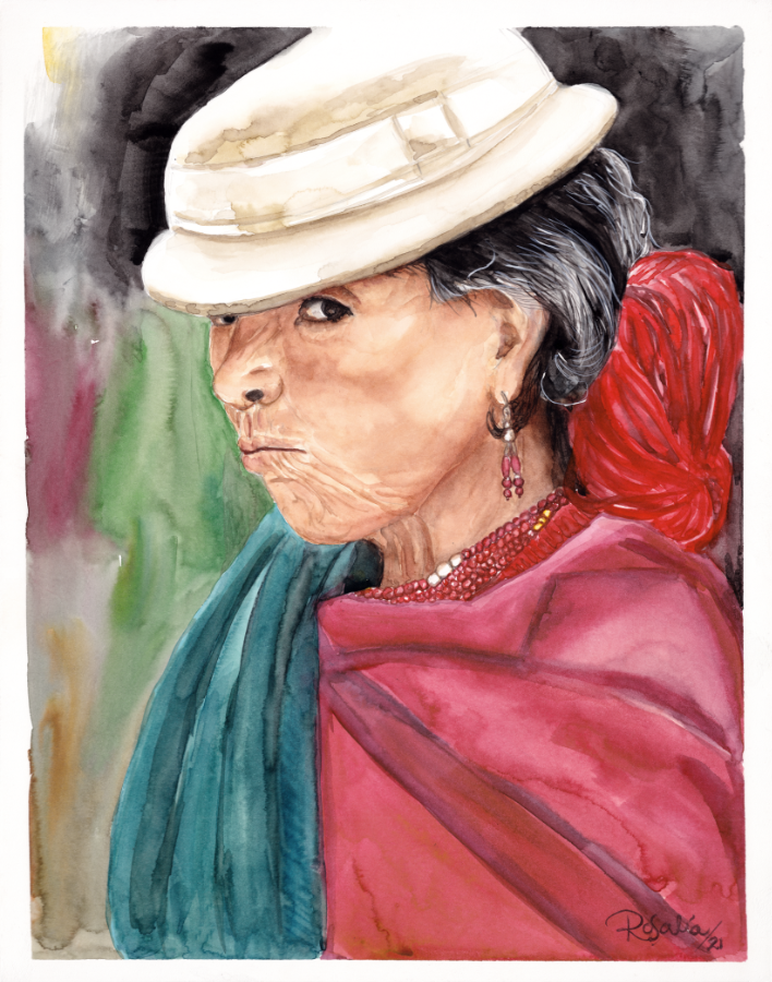 Watercolor portrait painting of a woman in profile wearing a white hat, a teal shawl, and a red headwrap, with a dark textured background.